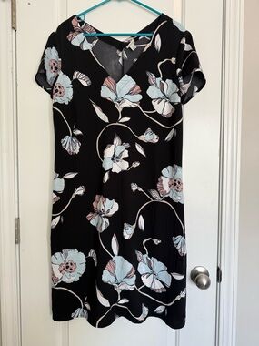 a new day Black Floral V-Neck Midi Dress with Pale Blue and Blush Accents
